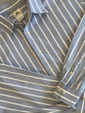 Lacoste Men's Blue and White Vertical Stripe Dress Shirt Size 46 ( approx. xxl)